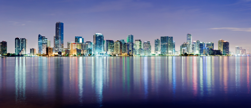 Miami and Brickell City Skyline at Night USA